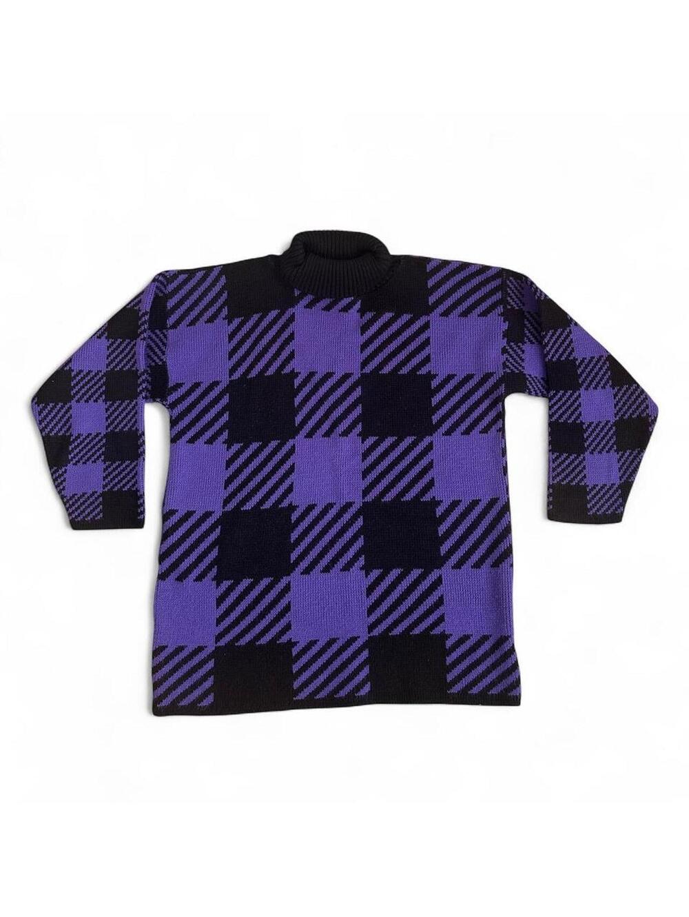 Vintage 90s Prides Landing Sweater Purple Black Plaid Checkered Turtleneck M/L